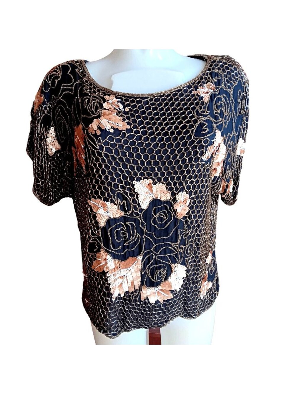 Small Vintage Blouse Top Sequin & Beaded Floral Womens Carolyne Barton India 90s
